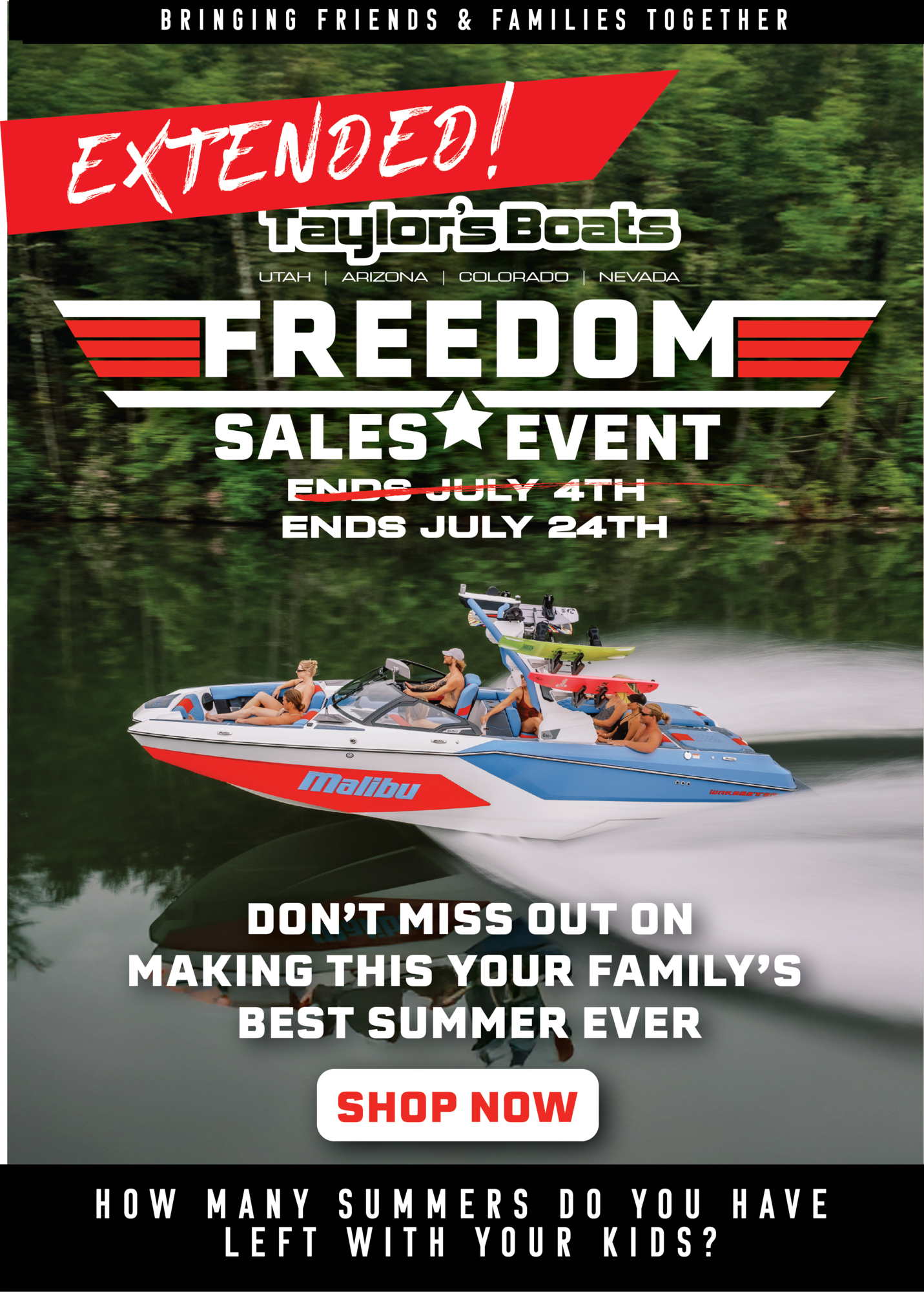 Taylors boats is having a freedom sales event on on Malibu  boats & axis Boats in Colorado, Utah, Arizona, and Nevada. Taylors boats is the new boat dealer in Colorado, Nevada, and arizona and is excited to be the new dealer for Malibu Boats & axis boats in each location.